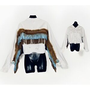 Upcycled Crop White Denim Jacket LG Brown Feather Turquoise Leather Fringe Bead
